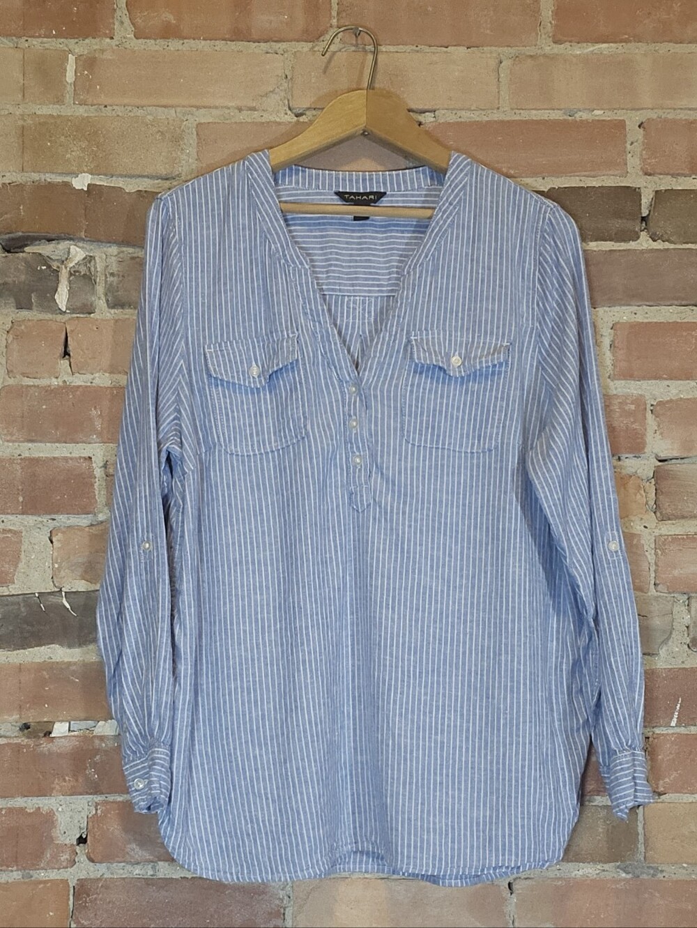 Tahari Striped Linen Blend Shirt — Women's XL